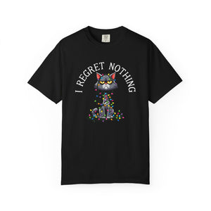 Black t-shirt with a cartoon cat tangled in Christmas lights with text at the top that says I Regret Nothing