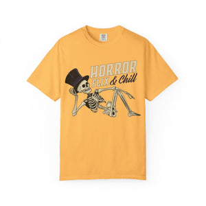 Ivory t-shirt with 'Horror Flix & Chill Skeleton Halloween' design on a white background