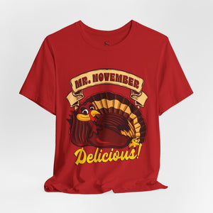 Team purple t-shirt with 'Mr. November Turkey Funny Thanksgiving' design on a white background