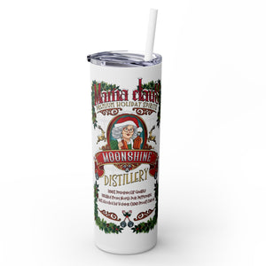 Tumbler with Santa Claus design and 'Moonshine Distillery' branding on a white background