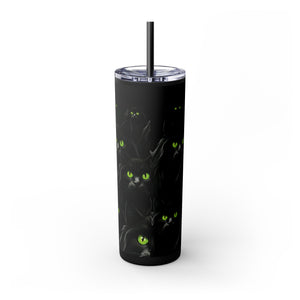 mug with 'Bewitching Black Cats Eyes Halloween Insulated Tumbler 20oz' graphic on a white background