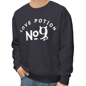 Yellow sweatshirt with 'Love Potion No 9 Halloween' design on a plain background