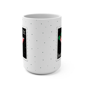 mug with 'Merry Martini Postage Stamp Christmas 15oz' graphic on a white background