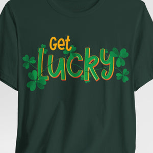Person wearing a black t-shirt with 'Get Lucky Funny St. Patrick's Party' design on a plain background