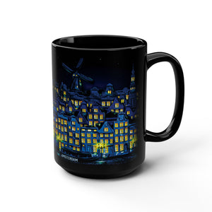 mug with 'Starry Night Amsterdam Art' graphic on a white background