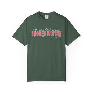 Heliconia t-shirt with 'Sponge Worthy 90s Seinfeld Grunge' design on a white background