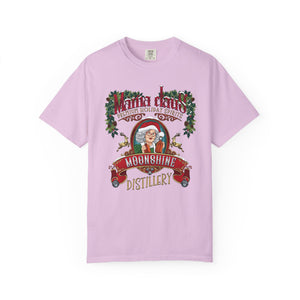 Pink t-shirt with Santa Claus and Moonshine Distillery graphic on a white background