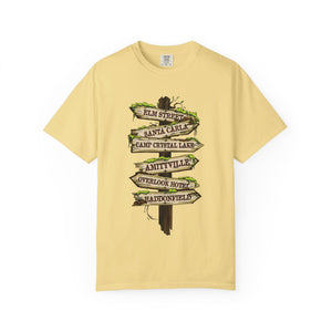 Orchid t-shirt with 'Horror Road Sign Halloween' design on a white background