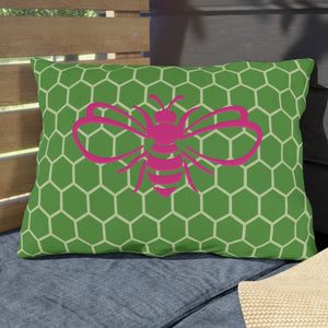 throw pillow with 'Honeycomb Bee Reversible Pink & Green' design