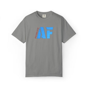Gray t-shirt with blue and red graphic design on a white background