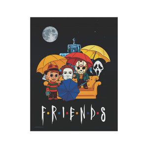 A vertical art print featuring a stylized horror-themed version of the Friends logo on a black background, with illustrated characters under yellow and blue umbrellas and the word 'FRIENDS' at the bottom.