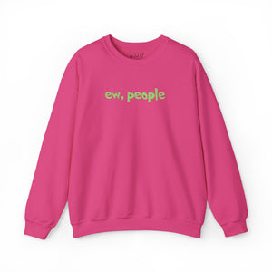 Pink sweatshirt with 'ew, people' embroidered on the front on a white background.