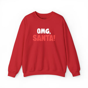 Red sweatshirt with red and white embroidered text 'Omg, Santa!'
