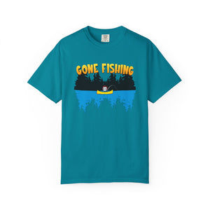 Teal t-shirt with 'Gone Fishing' graphic on a white background
