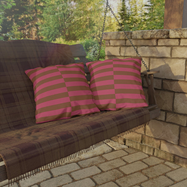 Pink & Brown Striped Indoor Outdoor Throw Pillow