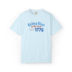 Light blue t-shirt with colorful text on a white background