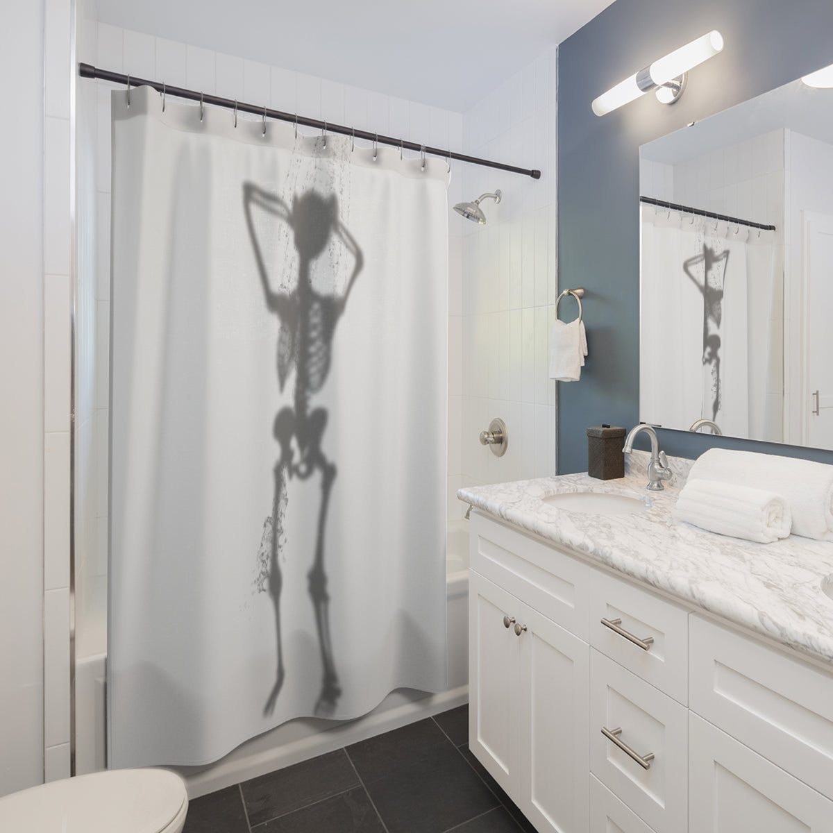 Shower curtain with 'Showering Skeleton' pattern in a bathroom setting