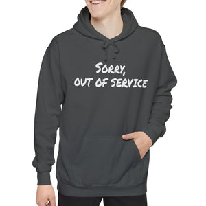 Person wearing a gray hoodie with 'Sorry, Out of Service' text on a white background