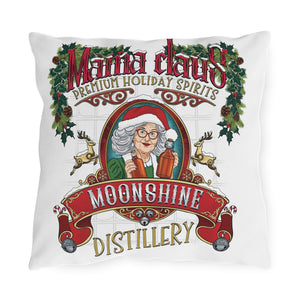 A square white throw pillow featuring a detailed vintage-style holiday graphic. The design includes the text 'Mama claus Premium Holiday Spirits' in red and gold, a portrait of an elderly woman in a Santa hat holding a bottle, holly leaves, reindeer, and a banner reading 'MOONSHINE DISTILLERY'.