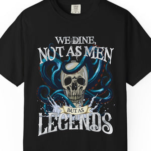 Pirate t-shirt with skull design and text on a white background