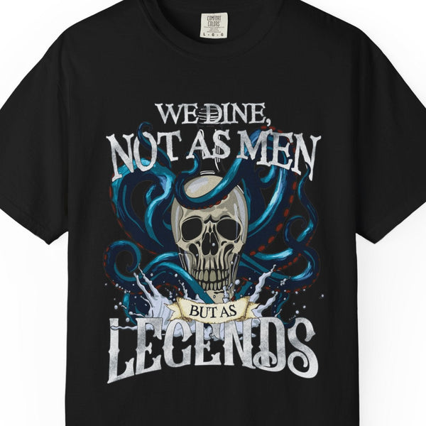 Pirate t-shirt with skull design and text on a white background