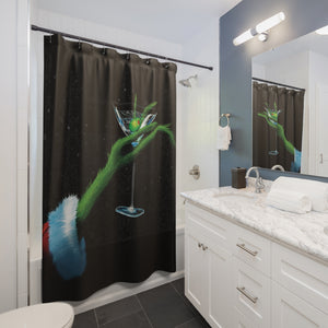 Shower curtain with 'Grinch Christmas Bath' pattern in a bathroom setting