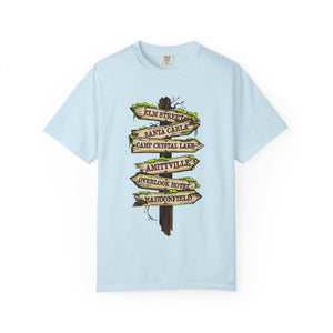 Dark gray t-shirt with 'Horror Road Sign Halloween' design on a white background