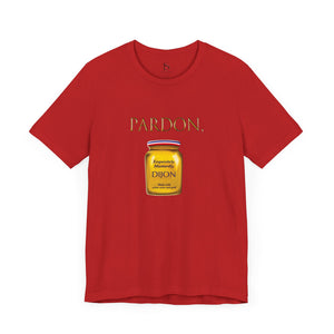 Charity pink t-shirt with 'Pardon, Grey Poupon Nostalgic Funny' design on a white background