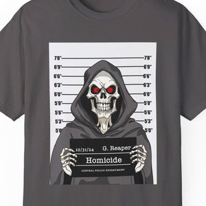 grim reaper mug shot funny halloween shirt