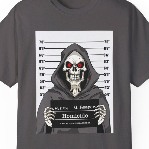 grim reaper mug shot funny halloween shirt