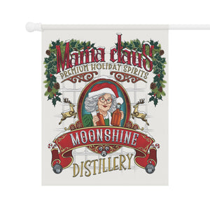 Christmas banner flag for Moonshine Distillery with a character holding a bottle of moonshine, surrounded by festive elements.