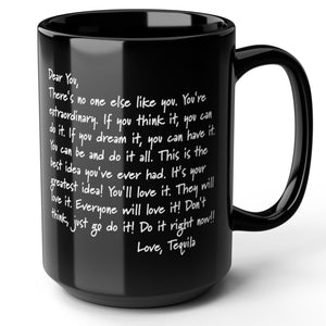 Black mug with a written funny love letter printed on both sides.