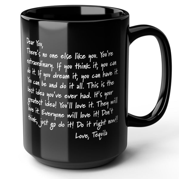 Black mug with a written funny love letter printed on both sides.
