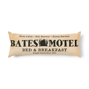 Decorative body pillow that reads Bates Motel Bed & Breakfast Halloween decor.