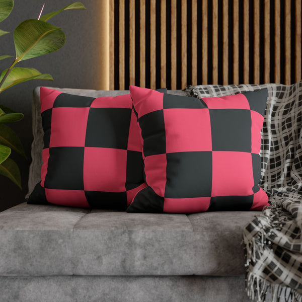 Pink & Dark Grey Checkered Faux Suede Pillow Cover