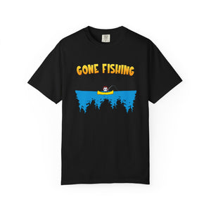Black t-shirt with 'Gone Fishing' graphic on a white background