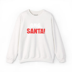 White sweatshirt with red and white embroidered text 'Omg, Santa!'