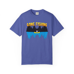 Blue t-shirt with 'Gone Fishing' graphic on a white background