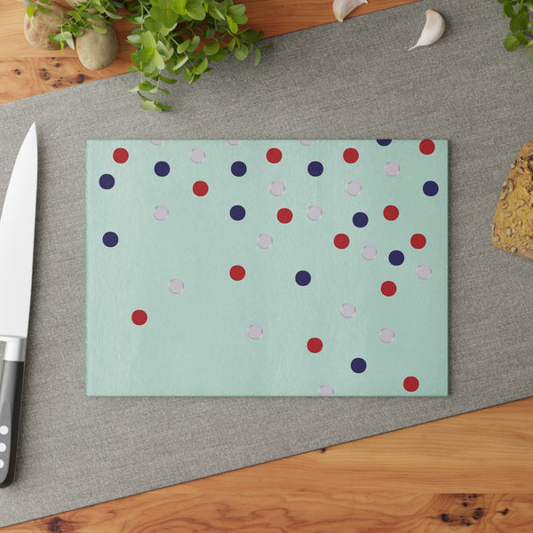 Patriotic Red White Blue Polka Dots Glass Cutting Board