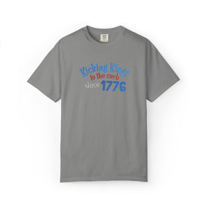 Gray t-shirt with colorful text on a white background