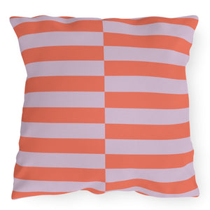 A square-shaped throw pillow with orange and purple stripes, designed for indoor or outdoor use.