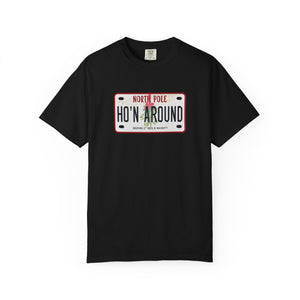 Black t-shirt with aa humorous holiday license plate design on a white background