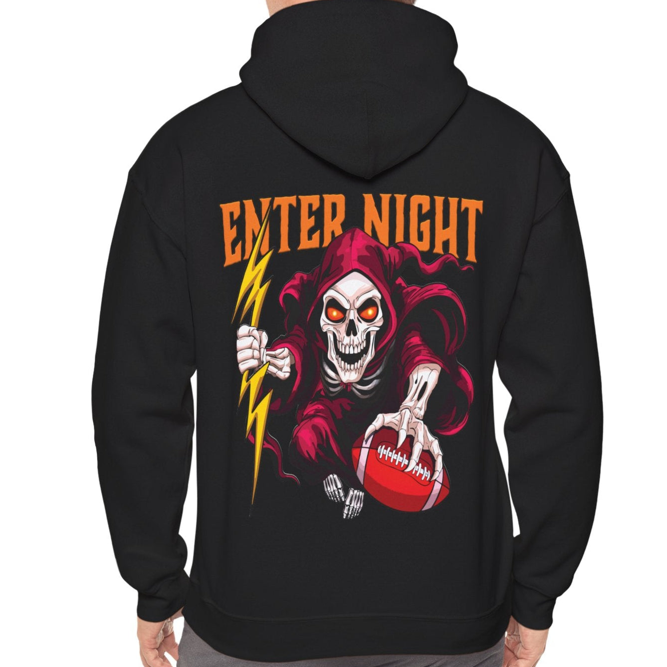 Person wearing a black hoodie with Virginia Tech Football skeleton graphic 'Enter Night' graphic design on the back.