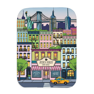 Colorful illustration of NYC cityscape on a square plate with a white background