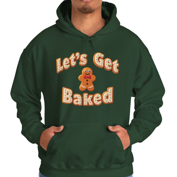 Person wearing a green hoodie with 'Let's Get Baked' text and gingerbread man graphic on a white background