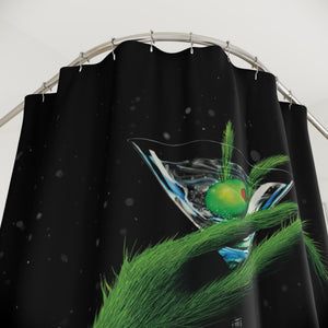 Shower curtain with 'Grinch Christmas Bath' pattern in a bathroom setting