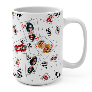 mug with 'Playing Cards The Queens' graphic on a white background