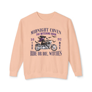 Neon violet sweatshirt with 'Ride or Die Witches Halloween' design on a plain background