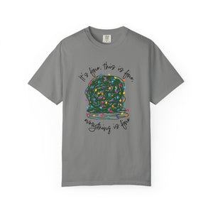grey t-shirt with a graphic of a tangled ball of lights with text It's fine, this is fine, everything is fine.