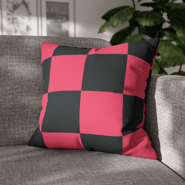 Pink & Dark Grey Checkered Faux Suede Pillow Cover